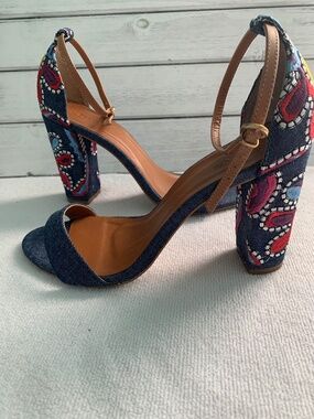 Only‎ Denim Embroidered Block High Heel Sandals Brazilian Statement Shoes 39